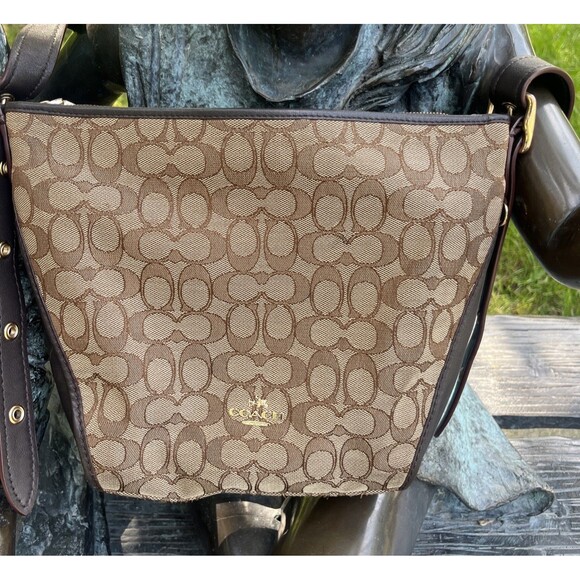 COACH Women's Signature Canvas Brown Leather Duffle Handbag Classic Design - Picture 2 of 16